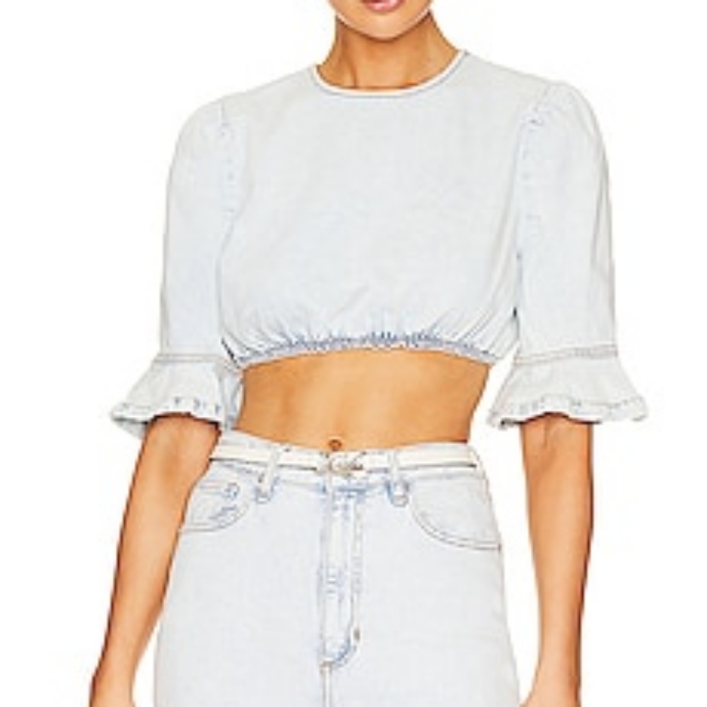 WEWOREWHAT NWT Cropped Denim Top In Super Light With Flare Cuffs Sz XS